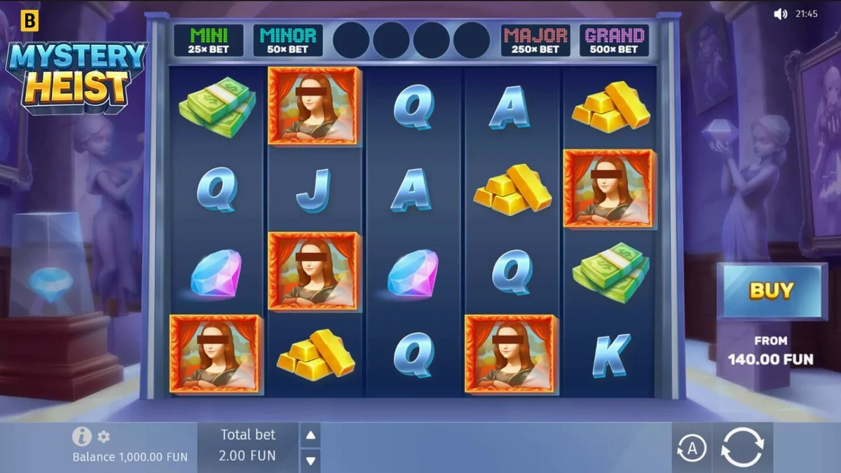 Tampilan layar permainan slot Mystery Heist dengan tema perampokan
