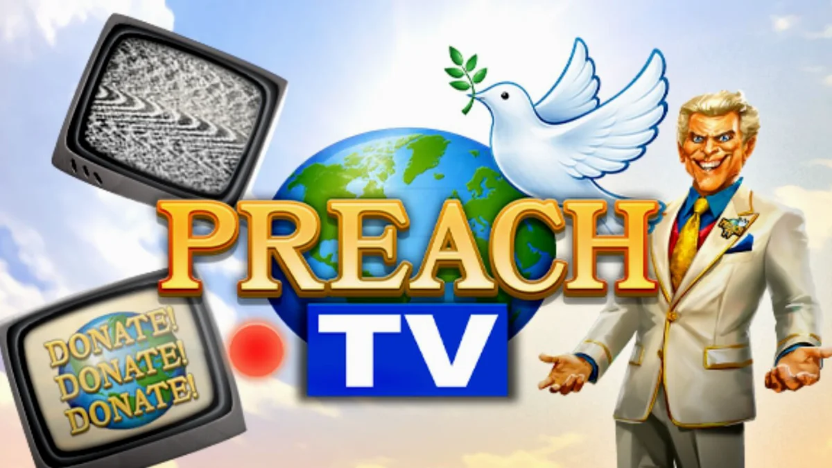 Tampilan layar utama slot Preach TV dengan tema studio televisi retro tahun 90-an.